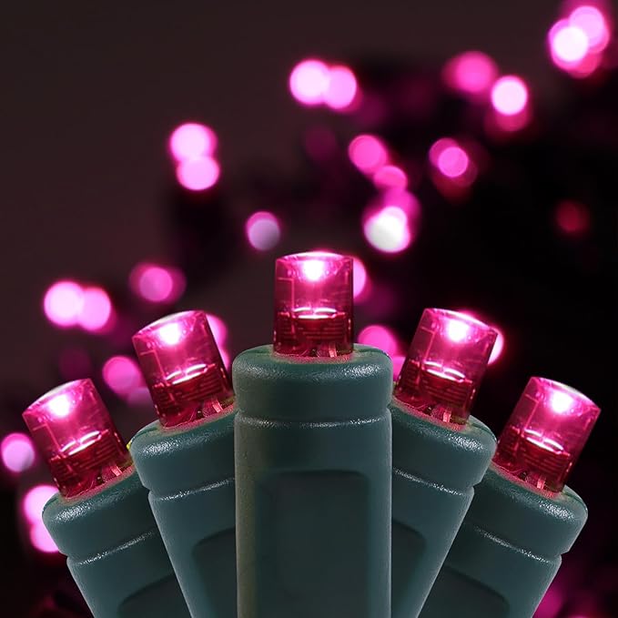 50 LED 5MM Pink Christmas Lights, 17FT Indoor/Outdoor String Light, Mini Lights for Garden, Patio, Christmas Trees - Green Wire, Commercial Grade, UL Listed