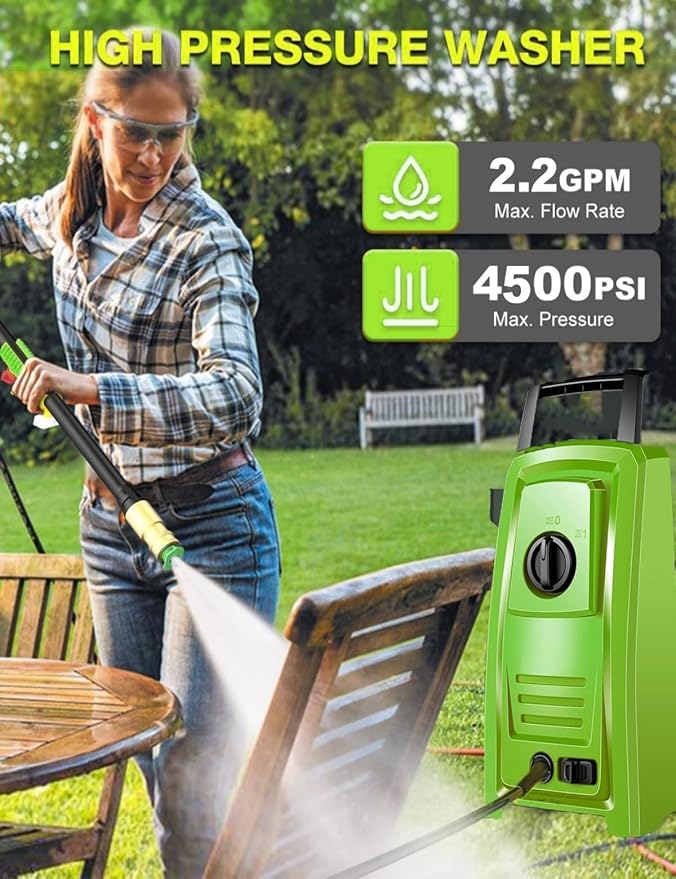 2025 New 4500PSI Electric Pressure Washer, Small Potable Power Washer with 20FT Pressure Hose, 4 Nozzle Set, Powerwashers for Home/Cars/Fences/Windows, Green