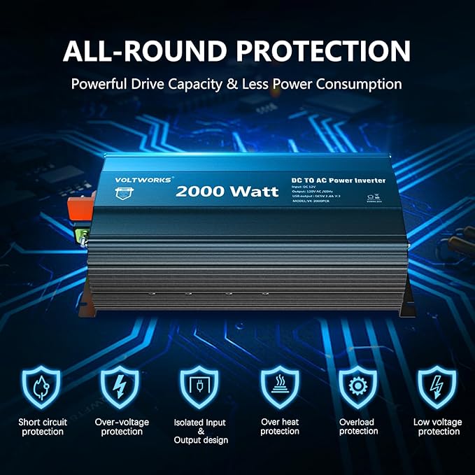 Power Inverter 2000Watt 12V DC to 110V 120V AC Built-in UL Approved Fuses with Remote Control & 2.4A USB Port 3AC Outlets Compatible with Lithium Battery for Off-Grid Solar Home RV Truck by VOLTWORKS
