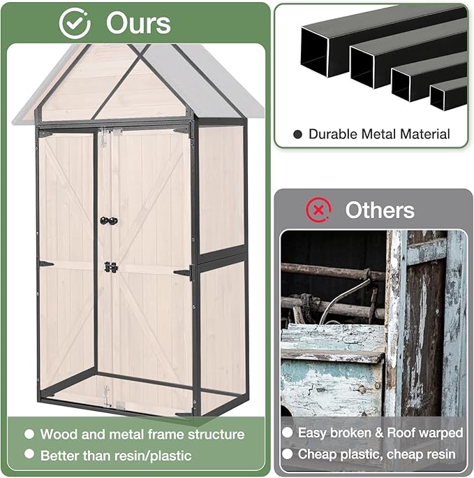 Outdoor Storage Shed with Strongest Metal Frame, Storage Cabinet with Floor, Weatherproof Tool Shed with Adjustable Shelfs, Lockable Metal Garden Shed Steel for Backyard Patio (Light Brown)