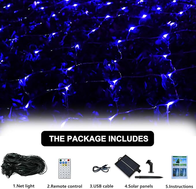Solar Net Lights Outdoor Mesh Lights Blue, 200 LED Net Lights Christmas, Waterproof 19 Modes Timer Tree Wrap Lights for Fence, Garden, Yard, Bushes, Trunk, Halloween Decor-9.8ft x 6.6ft