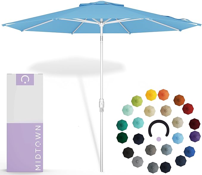 Midtown Umbrellas The Swilt 8 Feet Patio Umbrella in Sunbrella Capri Acrylic Fabric - Fiberglass Ribs, Auto-Tilt Aluminum Frame For Backyard, Deck, Garden, Pool - White Pole