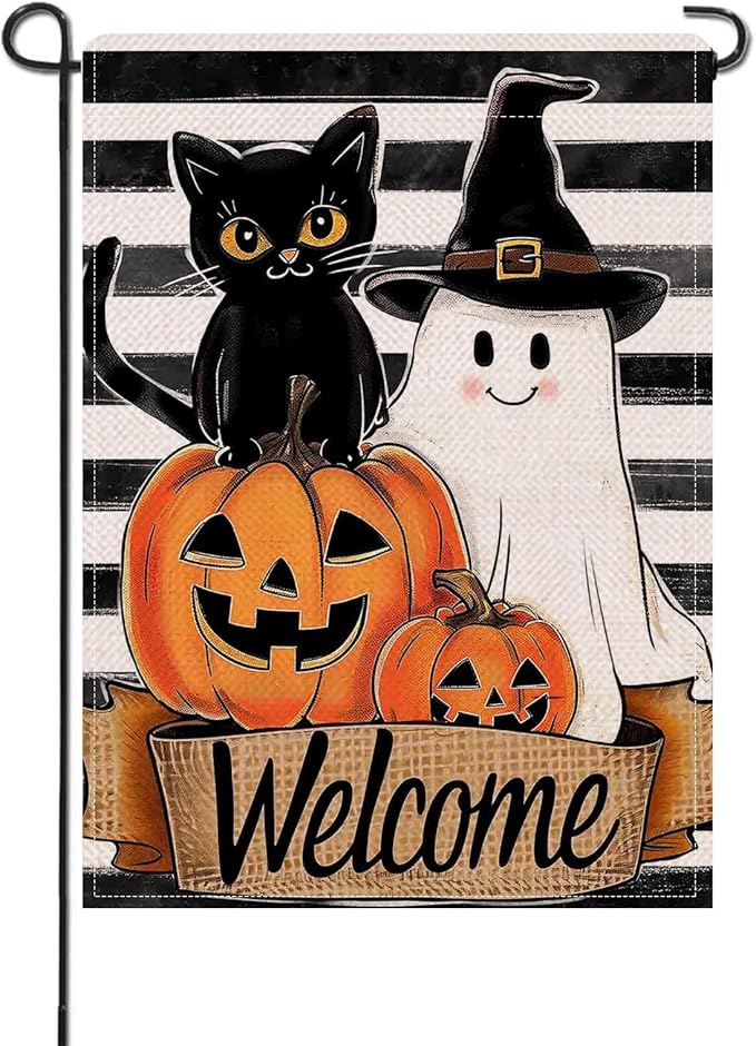 Artofy Welcome Halloween Black Cat Ghost Small Decorative Garden Flag, Spooky Jack O Lantern Pumpkin Yard Lawn Outside Decor, Funny Stripes Burlap Outdoor Home Decoration Double Sided 12 x 18