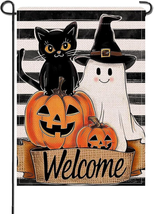 Artofy Welcome Halloween Black Cat Ghost Small Decorative Garden Flag, Spooky Jack O Lantern Pumpkin Yard Lawn Outside Decor, Funny Stripes Burlap Outdoor Home Decoration Double Sided 12 x 18