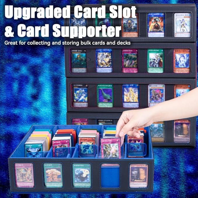 5-Row 3900+ Trading Card Storage Box for MTG, Card Deck Box with Snap-fit Design, 5 Card Sleeves, 10 Stoppers, 80 Dividers and 1 Dice Tray (Black-Blue)