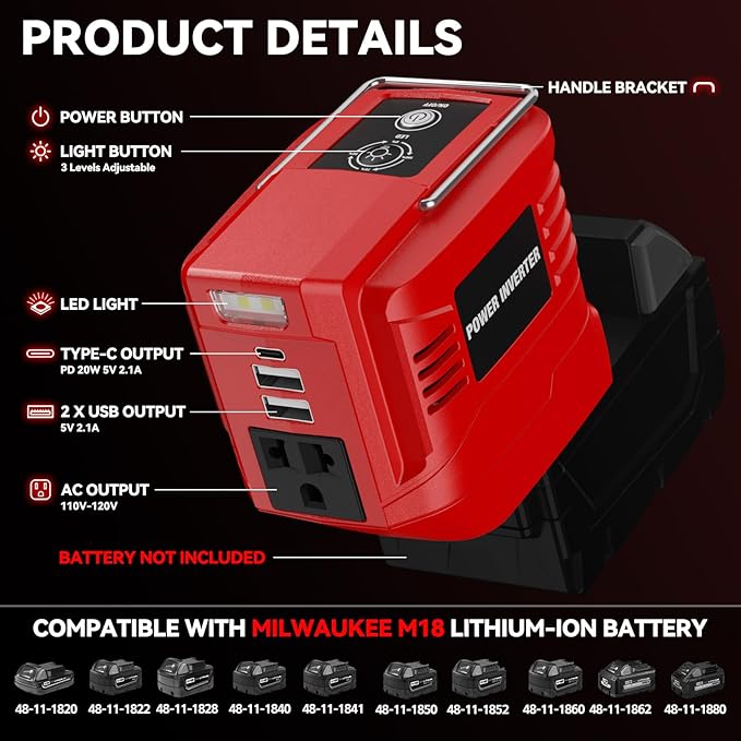 200W Power Inverter for Milwaukee 18V, DC 20V to AC 110V Inverter, Portable Power Station with 2 USB Ports & 1 AC Outlet & 1 Type-C Fast Charging, Battery Adapter with LED, Battery Not Include