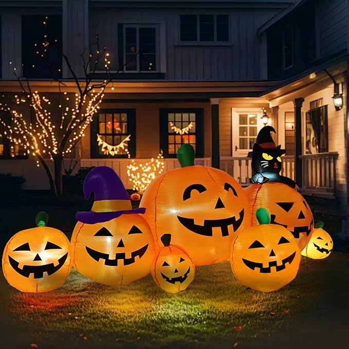 8 FT Long Halloween Inflatables Pumpkin Outdoor Decorations, 7 Pumpkins Outside Decoration with Black Cat with Build-in LEDs Blow Up Inflatables for Party Yard Lawn Garden Decor