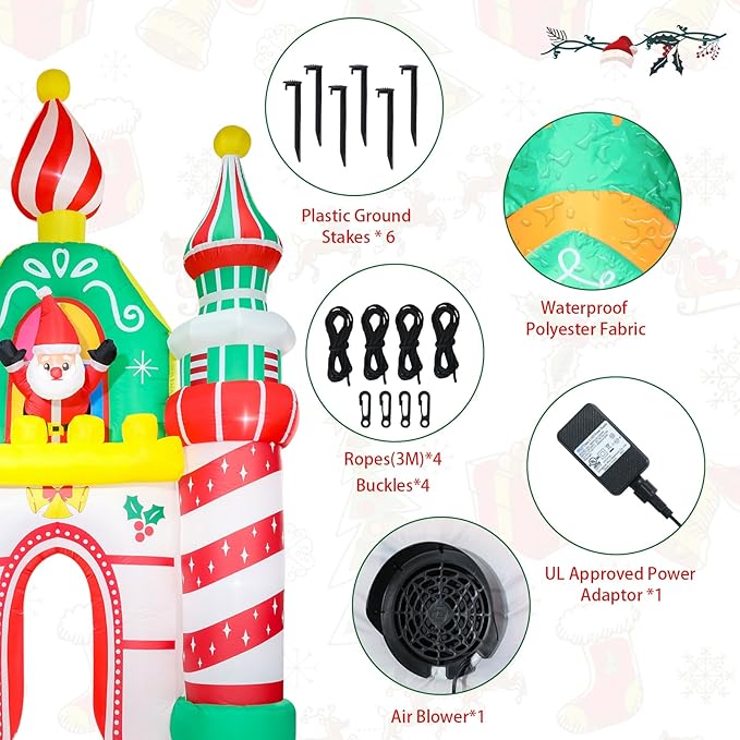 MUMTOP 10FT Christmas Inflatables Outdoor Decoration, Castle Christmas Inflatable with Santa Claus and Built-in Led Lights Blow Up Inflatable for Outdoor Party Lawn Garden Decoration