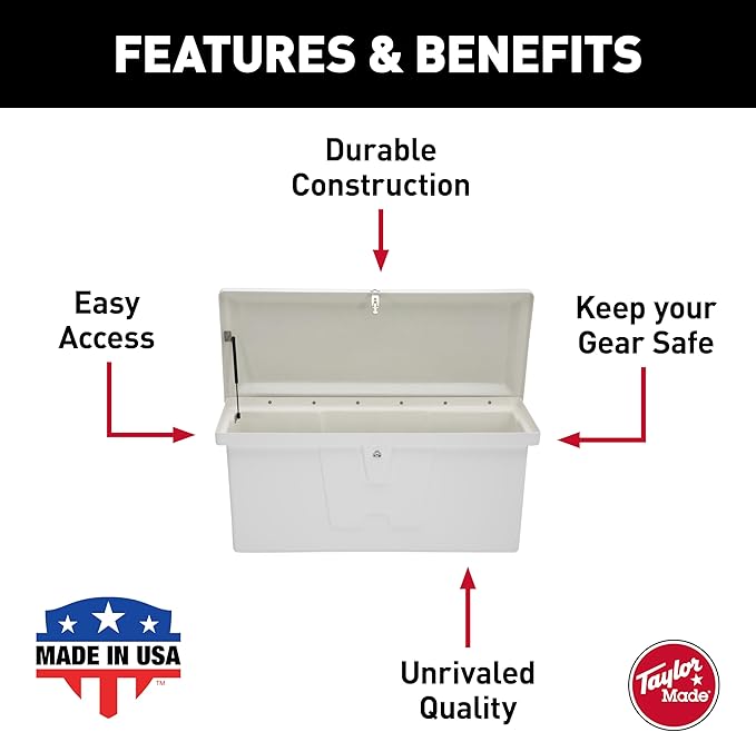 Taylor Made Stow 'N Go Small Fiberglass Dock Box, White (24"H x 54"W x 22"D) – Fiberglass construction, UV gelcoat finish, stainless steel lockable latch and hardware – 2020108652