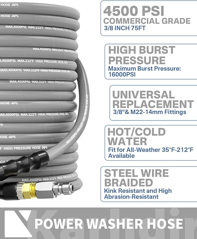 Pressure Washer Hose 75FT 3/8" for Cold and Hot Water 212°F, with Swivel Quick Connect, 4500PSI Kink Resistant Grade Steel Wire Braided, Power Washer Hose With 2pcs M22-14mm Adapter