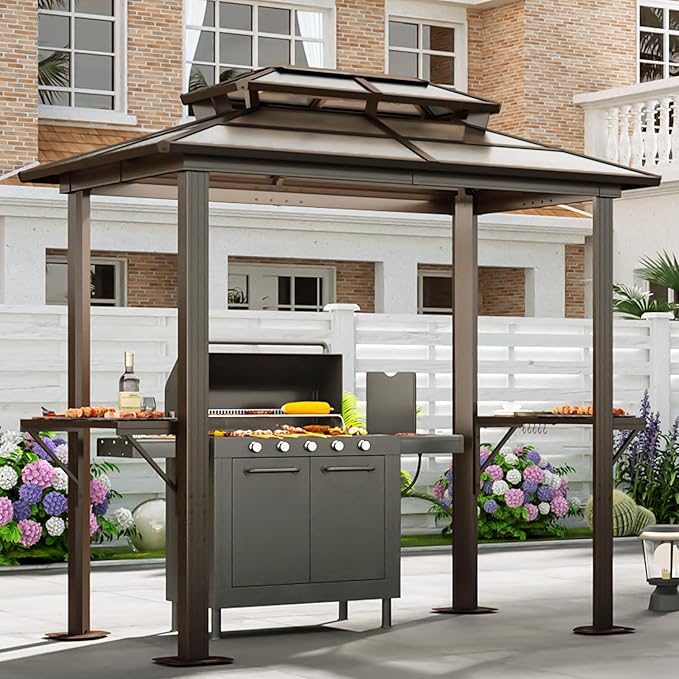 Aoxun Grill Gazebo 8 x 5FT, Outdoor Barbecue Gazebo with Double Polycarbonate Top, Aluminum Grill Canopy with Shelves for Patio, Garden, Lawn