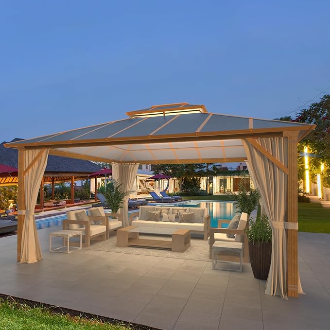 MELLCOM 12x14FT Hardtop Gazebo,Wooden Finish Coated Aluminum Patio Gazebo with Aluminum Composite Double Roof for Patio Lawn and Garden, Curtains and Netting Included