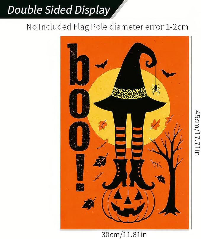 Boo Halloween Garden Flag 12x18 inch Double Sided Witch Hat Legs Jack-O-Lantern Banner Spooky Pumpkin Flags Small Yard Flag for Halloween Outdoor Decoration Porch Lawn Garden Decor