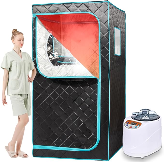 Portable Steam Sauna– Red Light Therapy Home Sauna Tent with 3L & 1500W Steamer, Remote Control Time & Temperature Settings, Foldable Chair Included for Relaxation
