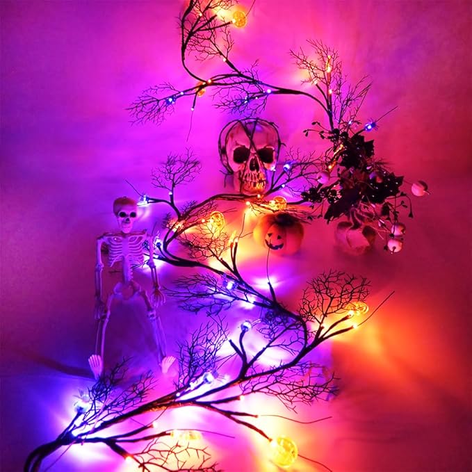 Halloween Decor Lights 8.86FT 72 LED Willow Vine Twig with Timer Battery Operated Garland Lights with Orange Pumpkins Purple Spiders and Black Dead Branches Indoor Halloween Decorations for Home