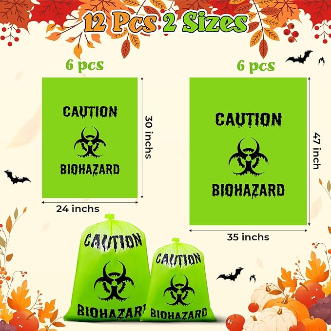 12 Pcs Large Halloween Leaf Bags Biohazard Halloween Decorations Halloween Trash Bags for Leaves Plastic Yard Lawn Waste Bag Scientist Biohazard Bag Outdoor Biohazard Zombie Party Decorations (Green)