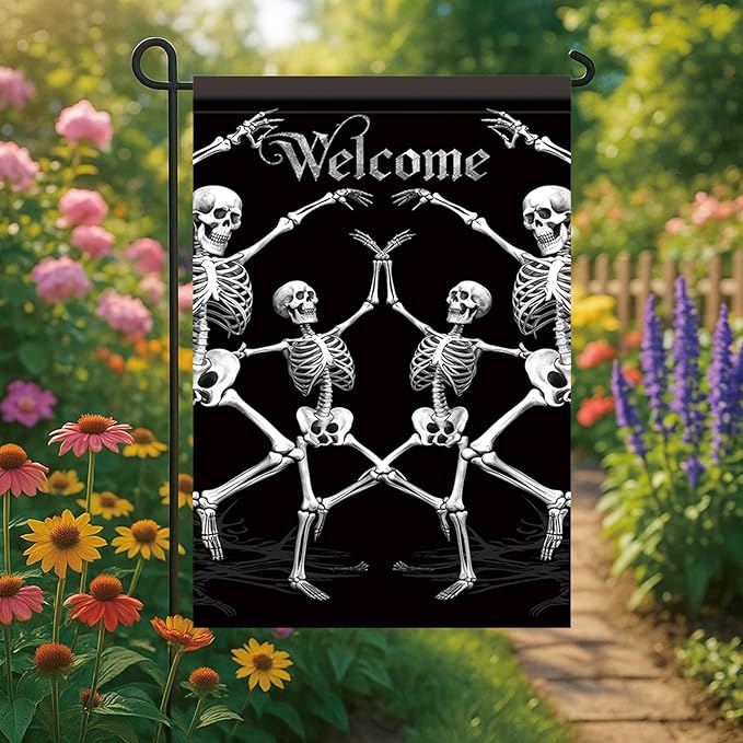 Halloween Garden Flag Dancing Skeleton Welcome Flag 12x18 Inch Double Sided Gothic Outdoor House Yard Banner for Lawn Porch Patio Spooky Skull Holiday Decoration Black Background Decor