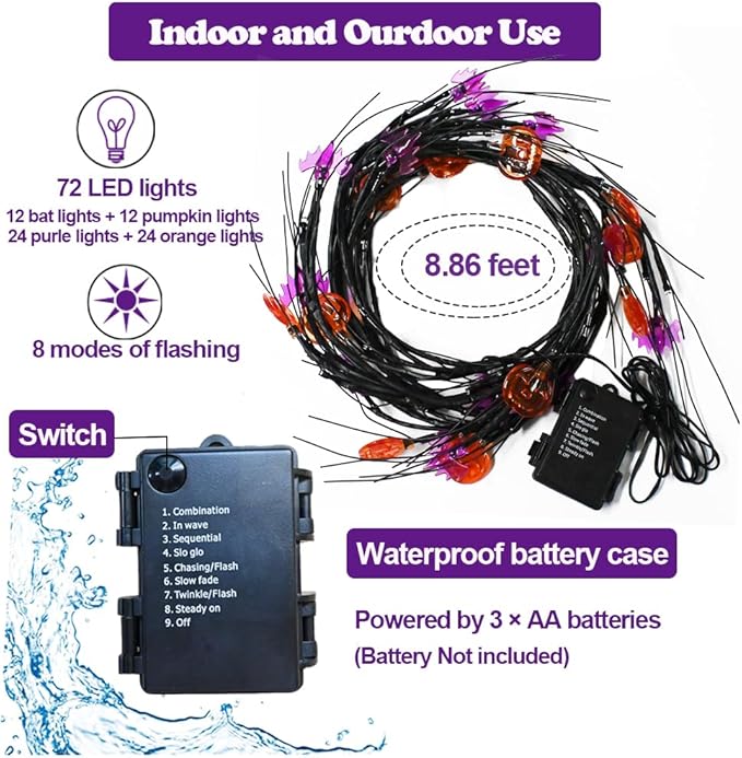 Halloween Decor Lights 8.8 Ft 72 LED Willow Vine Twig with Timer Battery Operated Garland Light 12 LED Pumpkin 12 LED Bats and 48 Lights Halloween Party Decoration for Home Wall Fireplace