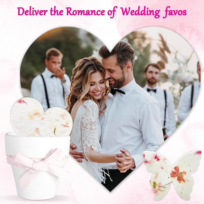 Set of 6 Seed Paper – 6 Pink Hearts & 6 White Pots with Bow for Weddings & Life Events