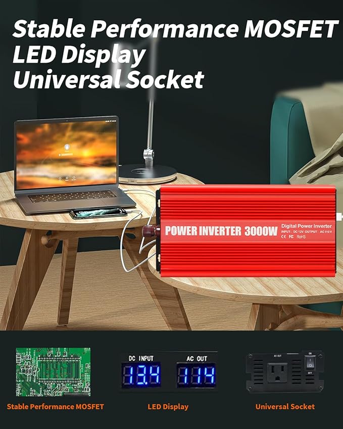 Inverter 3000W Car Power Inverters,12v DC to 110v AC Converter with USB and AC Outlets Power Inverter 3000Watts,Car Power Converter for Car Home Vehicles Laptop Trip