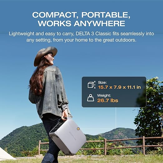 EF ECOFLOW Portable Power Station DELTA 3 Classic, 1024Wh LiFePO4 Battery, 1800W AC/100W USB-C Output, 1 Hr Fast Charge, Solar Generator for Home Backup, Camping & RVs (Solar Panel Optional)