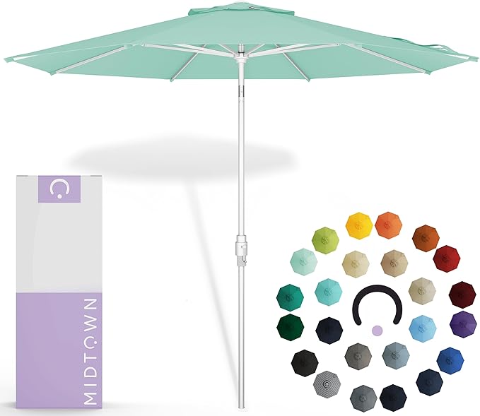 Midtown Umbrellas The Swilt 9 Feet Patio Umbrella in Sunbrella Canvas Glacier Acrylic Fabric - Fiberglass Ribs, Auto-Tilt Aluminum Frame For Backyard, Deck, Garden, Pool - White Pole
