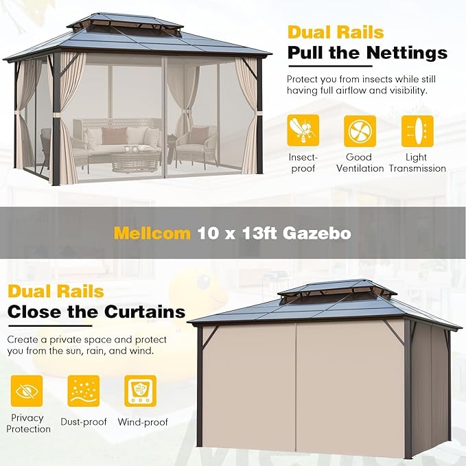 MELLCOM 10 x 13ft Hardtop Gazebo, Polycarbonate Double Roof Aluminum Gazebo, Outdoor Waterproof Canopy with Netting and Curtains for Backyard, Deck, Patio