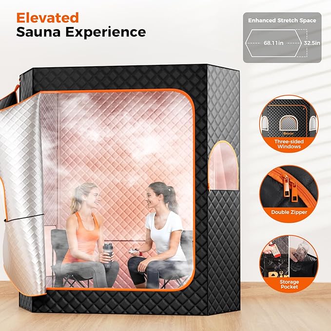 2 Person Sauna, Upgraded Large Sauna Box, Portable Steam Sauna for Home with 2 Steamer, 2 Folding Chair, Black