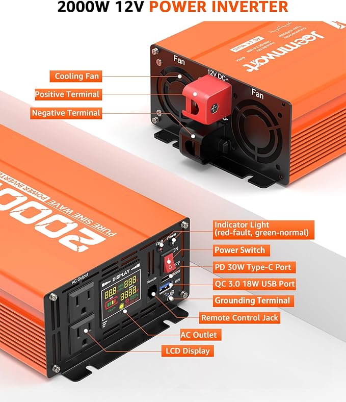 2000W Pure Sine Wave Power Inverter 12V DC to 110V AC Converter for RV Truck Off-Grid Solar Inverter with 2 Quick Charging USB Ports,Dual AC Outlets,LCD Display and Remote Control