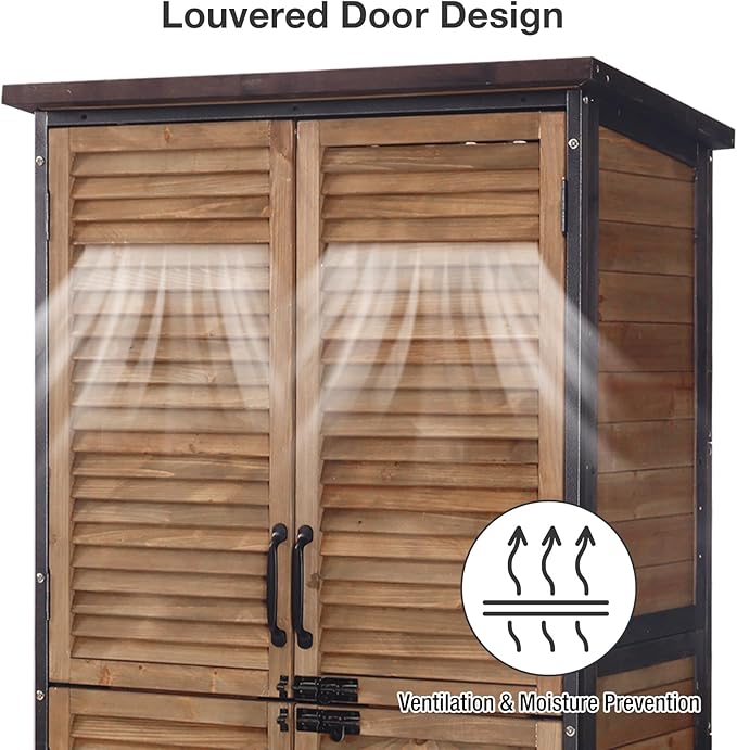 Outdoor Storage Shed, Outdoor Storage Cabinet with Sturdy Iron-Frame & Anti-Corrosion Wood, Adjustable Shelves, Weather-Resistant Louvered Door for Garden Tools, Patio Utility Tool Storage