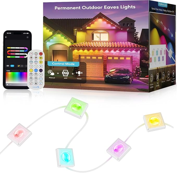 Permanent Outdoor Lights,100FT RGB+IC LED Lights with Smart APP & Remote Control, 72 Scene Modes, Waterproof IP65 for Holiday,Christmas,Yard Decorations