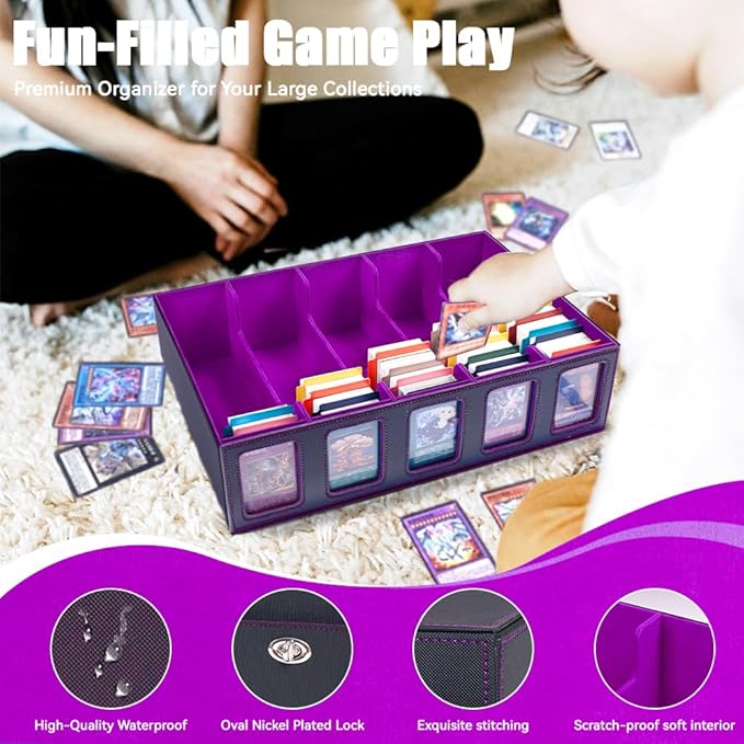5-Row 3900+ Trading Card Storage Box for MTG, Card Deck Box with Snap-fit Design, 5 Card Sleeves, 10 Stoppers, 80 Dividers and 1 Dice Tray (Black-Purple)