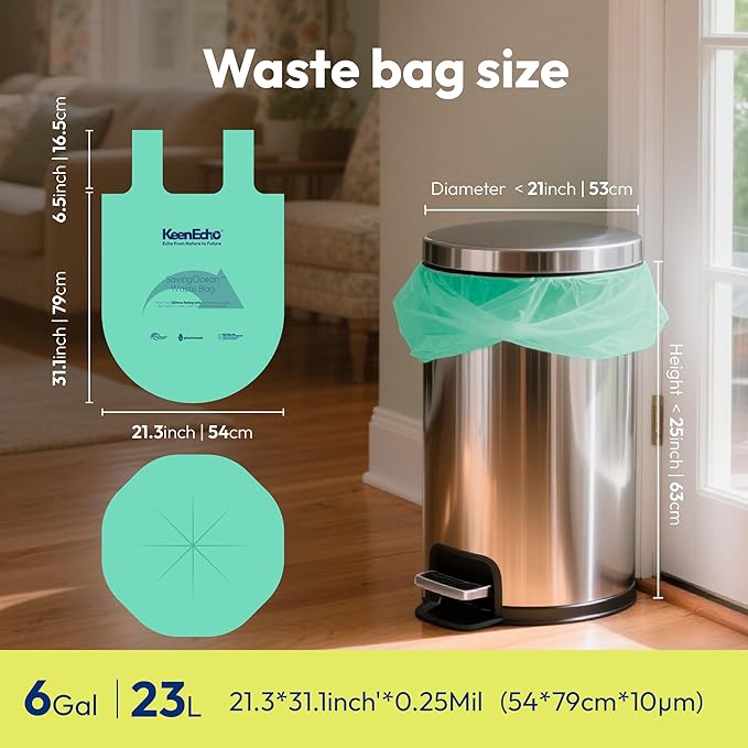 6 Gallon 200 Counts Small Green Trash Bags with Handle, Ocean Fishing Nets Upcycling, Sage & Sea Salt Scented, Plastic Garbage Bags, Waste Bag for Kitchen, Bathroom, Office and Pets