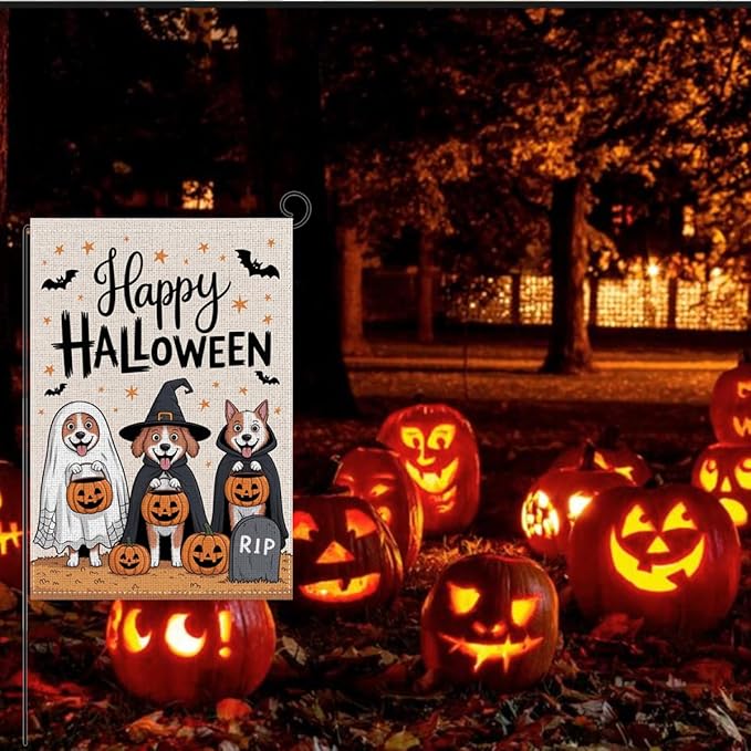 HTBIG Happy Halloween Garden Flag, Funny Dog Pumpkin Halloween Decor, Yard Flags for Outside 12x18 inch, Outside Yard for Home Decorations