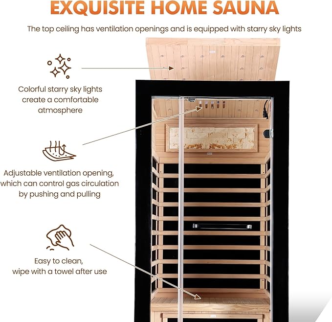 Far Infrared Sauna Home Sauna Indoor 1 Person Hemlock Wood Saunas 1450W 120V with Red Light Bluetooth Speakers 35.4"x35.4"x70.9"
