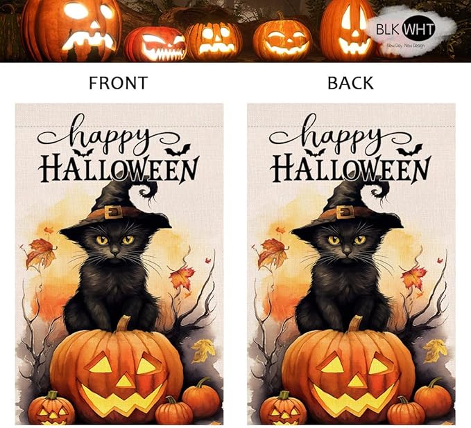 BLKWHT Halloween Cat Garden Flag 12x18 Vertical Double Sided Happy Halloween Pumpkin Holiday Outside Decorations Burlap Yard Flag BW479