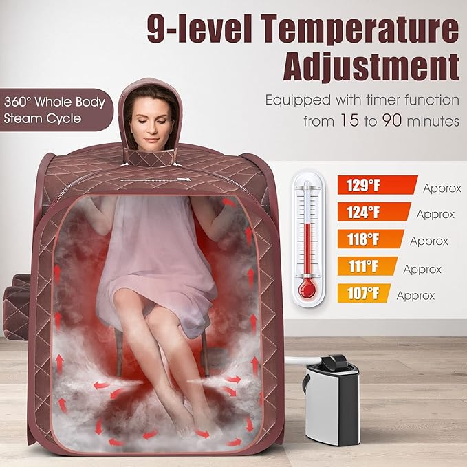 COSTWAY Portable Steam Sauna, Remote Control, 3L Steamer, Foldable Sauna Spa with 9 Temperature and 90 Mins Timer, Atomization, Personal Sauna Hat Tent for Detox Relaxation (Coffee)