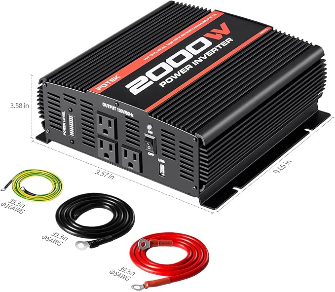 POTEK 2000W Power Inverter 3 AC Outlets 12V DC to 110V AC Car Inverter with 2A USB Port Black