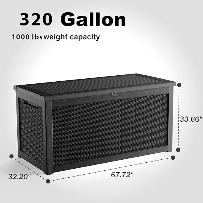 ROJIK Outdoor Storage Housing Deck Box,Waterproof Patio Furniture, Garden Tools, Cushions, Pool Accessories Storage Bench with Lockable Lid and Side Handles (Black,320 Gallon)