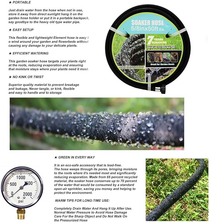 Soaker Hose with Connector 5/8in Diameter 25FT 50FT Black Garden Water Hose Flower Bed and Lawn Lightweight Hose (50FT)