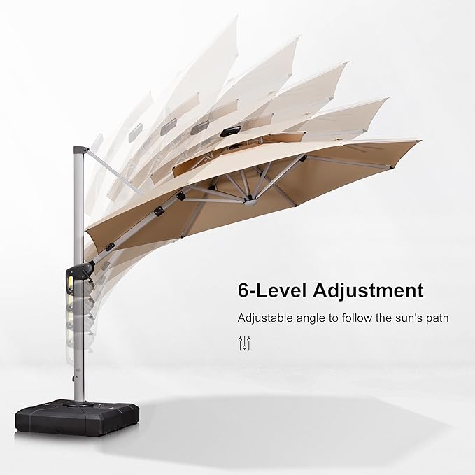 PURPLE LEAF 11ft Patio Umbrella With Base Solar powered LED Cantilever Umbrella with LED lights Windproof Outdoor Offset Umbrella for Garden Deck Pool Patio, Beige