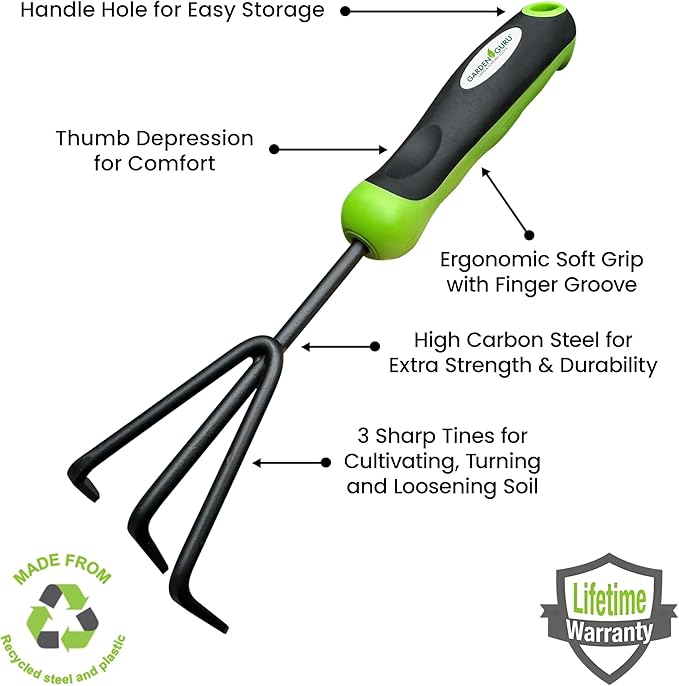 Garden Guru Hand Cultivator Rake Tiller Tool – High Carbon Steel for Ultimate Strength - Rust Resistant – Ergonomic Handle – Great for Gardening Cultivating Loosening Weeding