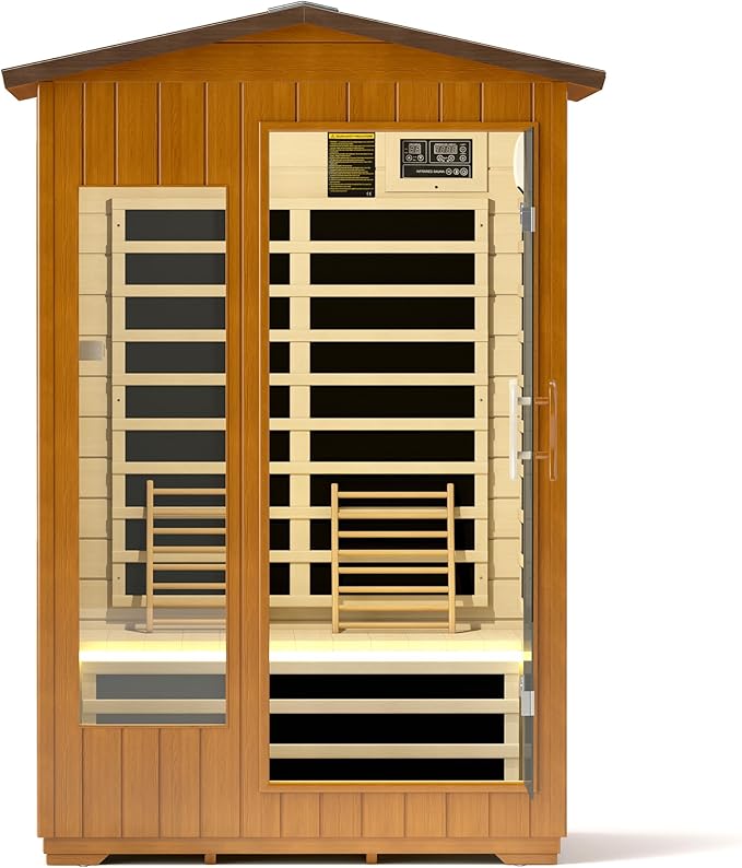 springspa Outdoor Infrared Sauna 2 Person for Home, 15amp Low EMF Far Infrared Spruce Wooden Sauna at Home with Bluetooth,LCD Panel