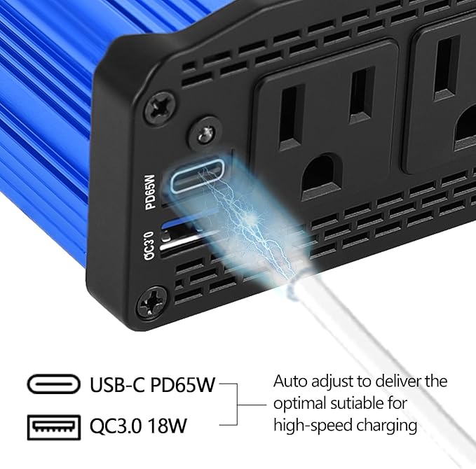 ALLWEI 300W Car Power Inverter, DC 12V to 110V AC Converter Car Plug Adapter Outlet with 65W PD USB-C & 18W USB-A Fast Charge, Car Cigarette Lighter Charger for Phone, Laptop, Tablet - Blue