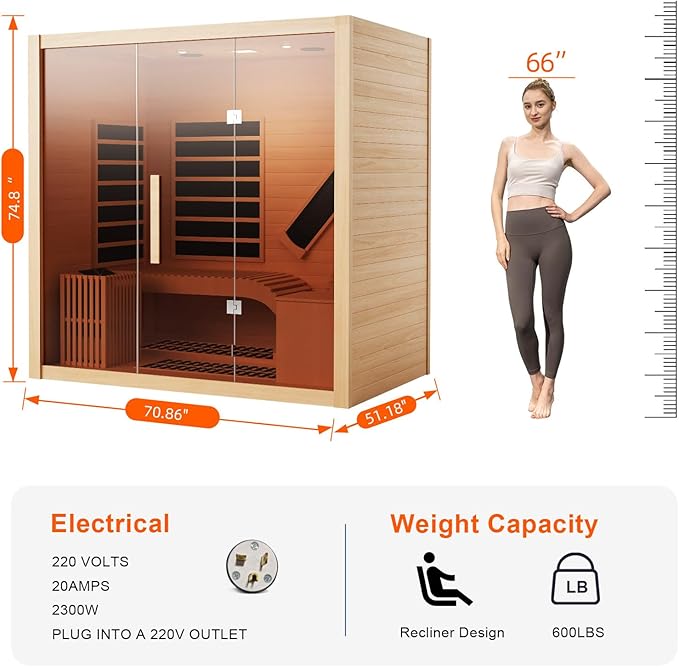 Dual System Sauna, Wooden Steam Room with Recliner or 1 Person Indoor Infrared Home Sauna, Indoor Saunas for Home with 220V, 4.5W Steam Sauna Heater, 7 Infrared Heaters, (Hemlock)