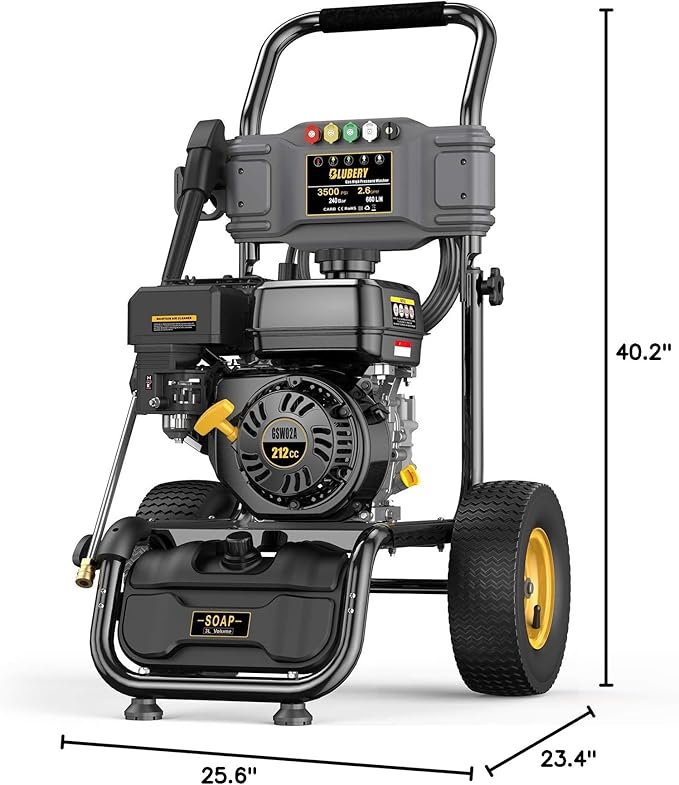 BLUBERY 3500PSI Gas Pressure Washer, 2.6GPM 212CC Heavy Power Washer, 30Ft High Pressure Hose&Soap Tank, 5 Adjustable Nozzles, Cleaning for Driveway/Concrete/Vinyl Fencing,Max
