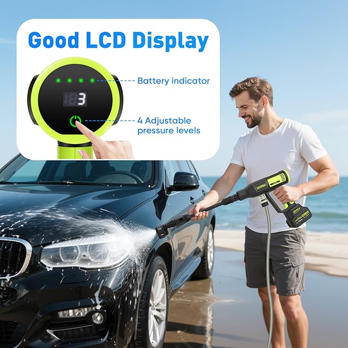 Upgraded LCD Display Portable Cordless Pressure Washer with Brushless Motor, 725 PSI 21V 2x3.0Ah Rechargeable Batteries Powered Pressure Washer, 6-in-1 Nozzle for Car Floor Wall Fence Cleaning