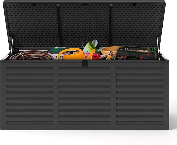 HUGROVE Resin Deck Box, 130 Gallon Outdoor Storage Box with Lockable Lid, Waterproof Patio Storage for Garden Tools & Outdoor Accessories (Dark Black) (Dark Black)