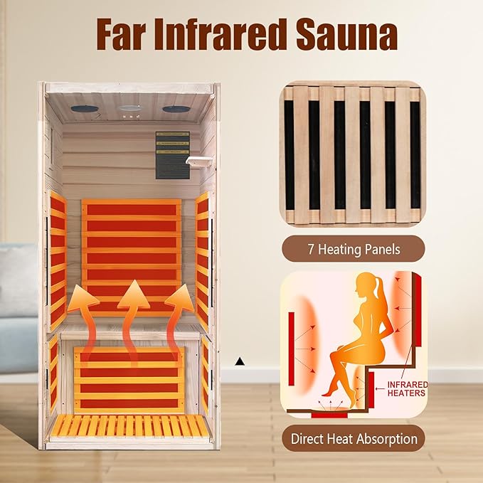 Far Infrared Home Sauna for 1 Person, 1065W 110V Indoor Spa Room, Wooden Dry Sauna with Red Light Therapy, Bluetooth Speaker, 31.5"x31.5"x63"