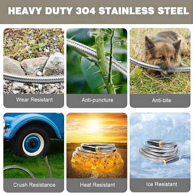 Garden Hose 100FT, Stainless Steel Water Hose with Nozzle, Flexible, Lightweight, Puncture Proof, Never Kink & Tangle, Heavy Duty Garden Hose for Yard and Outdoor